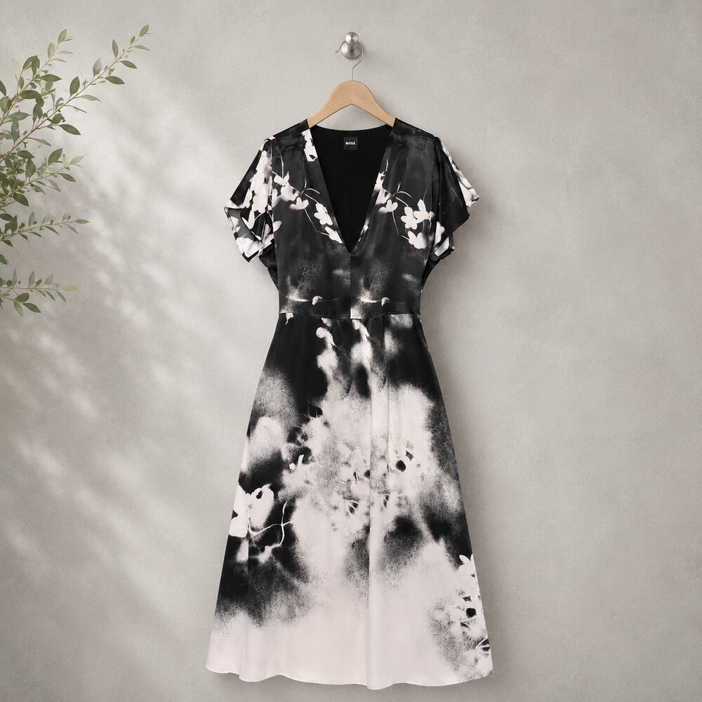 Boss NWT Satin Abstract Floral Black Ivory Blush Midi Dress Size 6